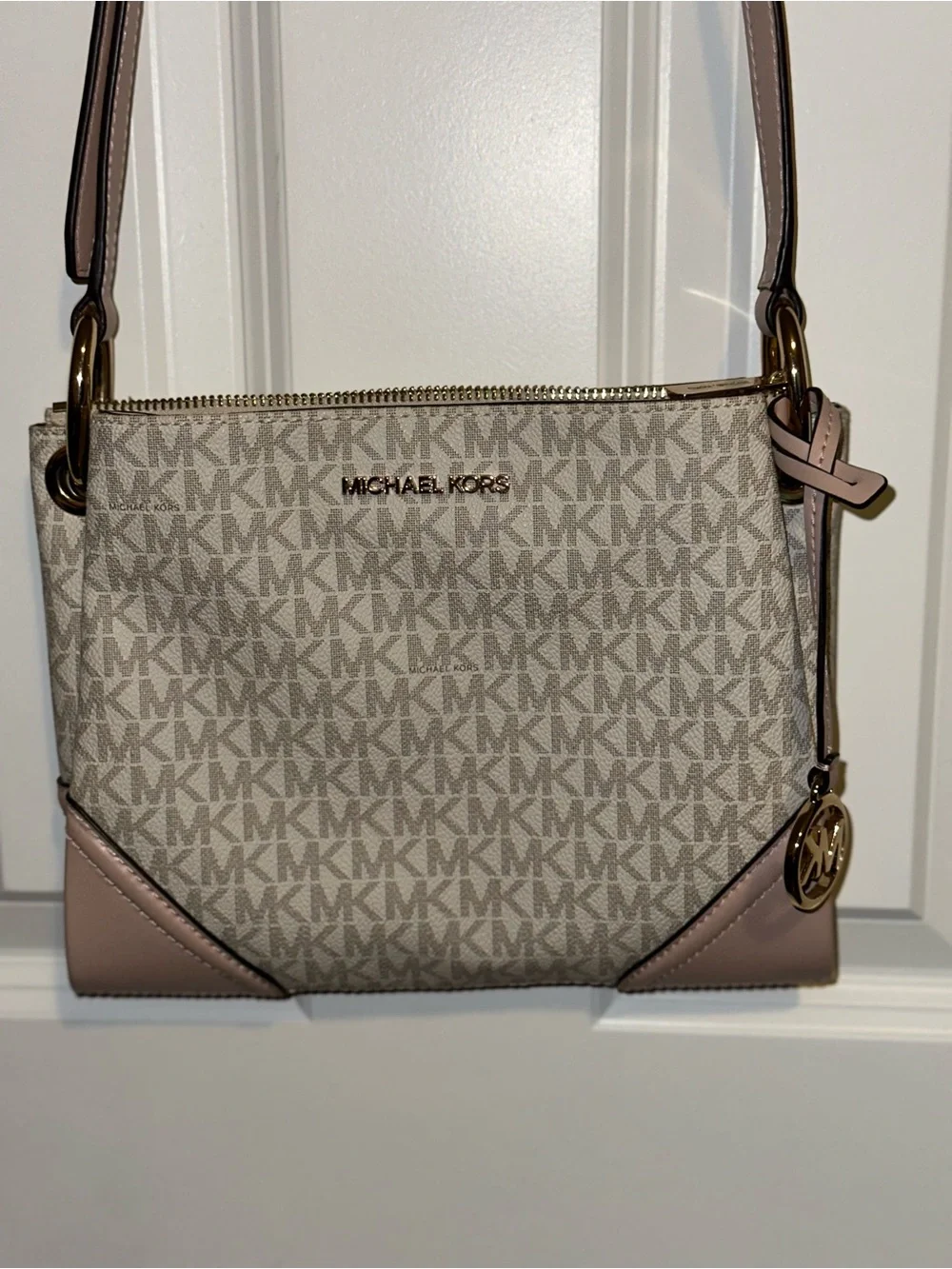 Michael Kors Pink & White MK Logo Crossbody with Gold Hardware